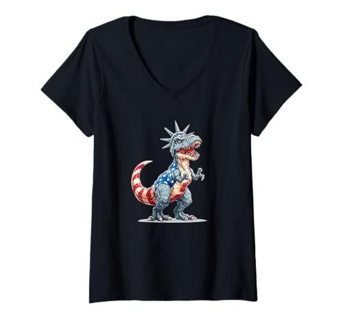 Damen Lustiger Dinosaurier im Freiheitsstatue-Stil Kostüm T-Shirt mit V-Ausschnitt von Liberty Dinosaur