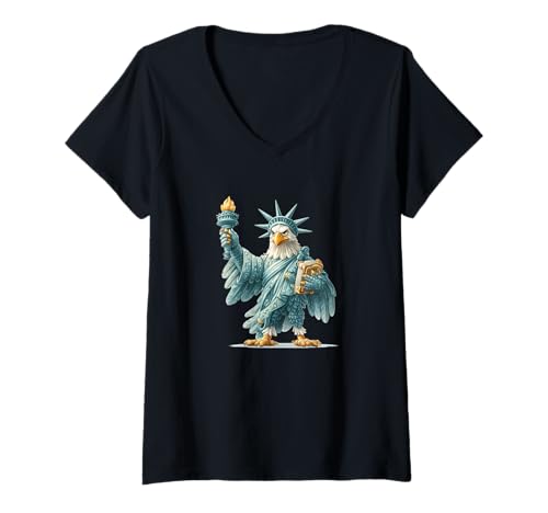 Damen Lustiges Adler mit Freiheitsstatue Kostüm für Jungen und Mädchen T-Shirt mit V-Ausschnitt von Liberty Eagle Outfit