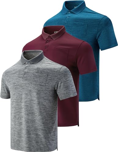 3er-Pack Herren Performance Dry Fit Tech Golf Poloshirts mit Brusttasche Kurzarm Active T Shirts, Grau/Statisches Blau/Kastanienbraun, 3X-Groß von Liberty Imports