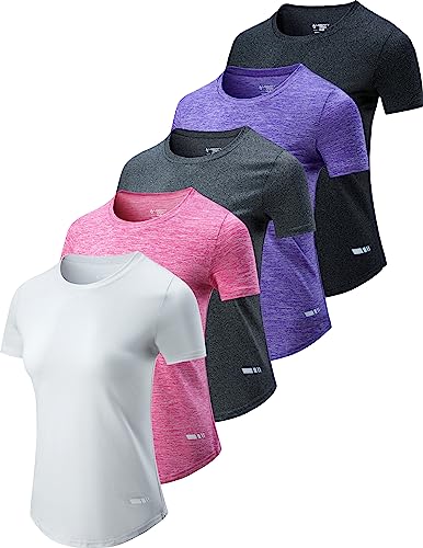 5er-Pack schnelltrocknende kurzärmelige T-Shirts für Damen, athletisches Workout-T-Shirt, Tops für Fitnessstudio, Yoga, Laufen, Heather Pink/Hellgrau/Anthrazit/Lavendel/Schwarz, XX-Large von Liberty Imports