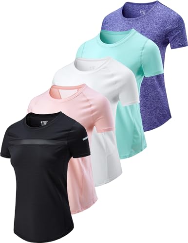 5er-Pack schnelltrocknende kurzärmelige T-Shirts für Damen, athletisches Workout-T-Shirt, Tops für Fitnessstudio, Yoga, Laufen, Pink/Weiß/Schwarz/Lila/Türkis, X-Groß von Liberty Imports