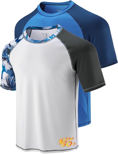 Liberty Imports 2er-Pack Herren-Badeshirts mit kurzen Ärmeln, lockere Passform, Rashguards, Bedruckt mit Weiß/Kontrastblau, Medium von Liberty Imports