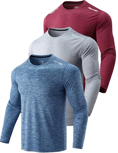 3er Pack: Herren Dry Fit Langarm-T-Shirts, leichtes athletisches Performance-Oberteil mit Daumenlöchern, Wandern, Hellgrau/Blau/Kastanienbraun, L von Liberty Imports