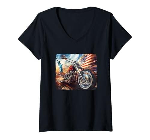 Damen Coole USA-Grafik mit Motorrad und Liberty T-Shirt mit V-Ausschnitt Damen Coole USA-Grafik mit Motorrad und Liberty T-Shirt mit V-Ausschnitt von Liberty Motorcycle Outfit