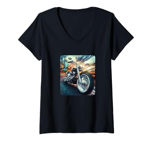 Damen Retro-Motorrad mit Liberty-Grafik T-Shirt mit V-Ausschnitt Damen Retro-Motorrad mit Liberty-Grafik T-Shirt mit V-Ausschnitt von Liberty Motorcycle Outfit