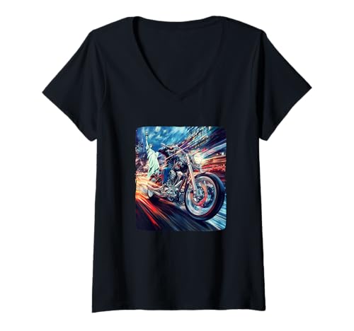 Damen Retro Motorrad mit Liberty Kostüm im USA Style T-Shirt mit V-Ausschnitt Damen Retro Motorrad mit Liberty Kostüm im USA Style T-Shirt mit V-Ausschnitt von Liberty Motorcycle Outfit