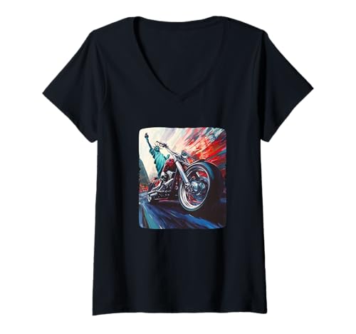 Damen USA Motorrad Kostüm mit Liberty im Retro Look T-Shirt mit V-Ausschnitt Damen USA Motorrad Kostüm mit Liberty im Retro Look T-Shirt mit V-Ausschnitt von Liberty Motorcycle Outfit
