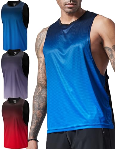 Herren Dry Fit Cut Off Muscle Shirts, ärmellose Workout-Shirts, athletische Tanktops für Fitnessstudio, Laufen, 3er-Pack, Farbverlauf Rot/Blau/Grau, 3X-Groß von Liberty Pro