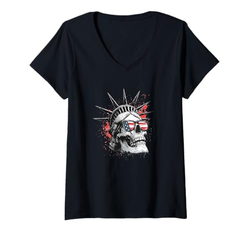 Damen Awesome Liberty Skelett mit USA-Sonnenbrille T-Shirt mit V-Ausschnitt Damen Awesome Liberty Skelett mit USA-Sonnenbrille T-Shirt mit V-Ausschnitt von Liberty Skull