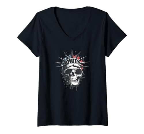 Damen Liberty Skull mit kräftigen Farben und Kostüm in amerikanischen Farben T-Shirt mit V-Ausschnitt Damen Liberty Skull mit kräftigen Farben und Kostüm in amerikanischen Farben T-Shirt mit V-Ausschnitt von Liberty Skull