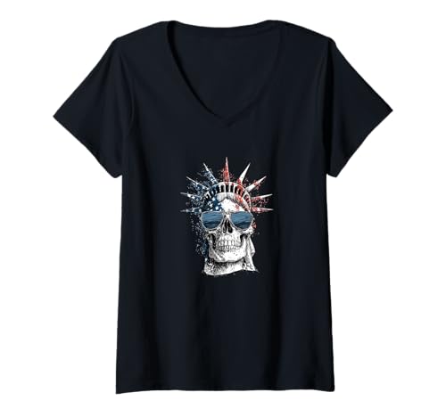 Damen Lustiges Freiheitsstatue Skelett Kostüm für Totenkopf-Liebhaber T-Shirt mit V-Ausschnitt Damen Lustiges Freiheitsstatue Skelett Kostüm für Totenkopf-Liebhaber T-Shirt mit V-Ausschnitt von Liberty Skull