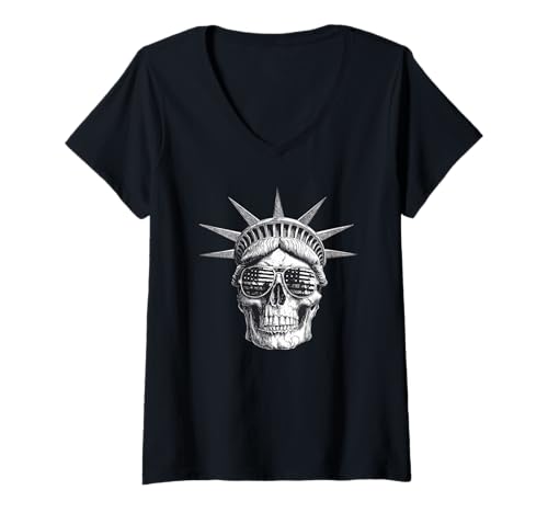 Damen USA Shades mit coolem Schädel der Freiheitsstatue T-Shirt mit V-Ausschnitt Damen USA Shades mit coolem Schädel der Freiheitsstatue T-Shirt mit V-Ausschnitt von Liberty Skull
