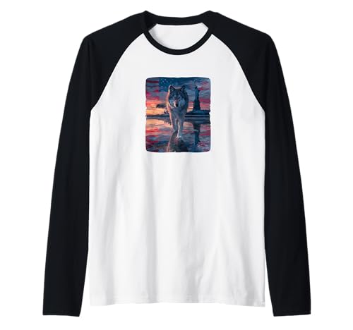 Symbolischer Wolf mit Freiheitsstatue Kostüm für Jungen und Mädchen Raglan von Liberty Wolf Outfit