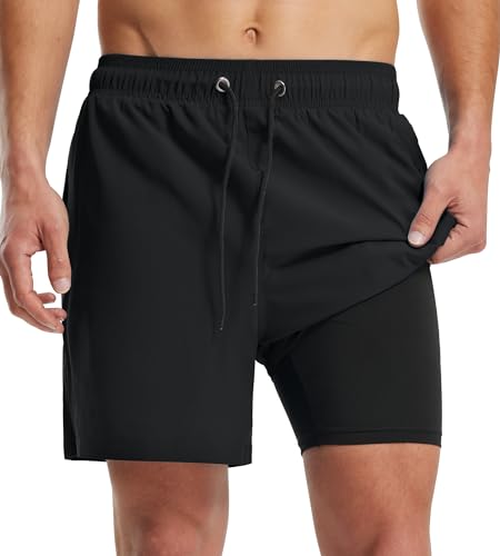 Libin Badehose Herren mit Kompression Liner 2 in 1 Short, Atmungsaktiv Quick-Drying Badeshorts Schwimmhose, Männer Leichtes Elastisch Trainingsshorts Mit Reißverschlusstaschen,Schwarz,Klein von Libin