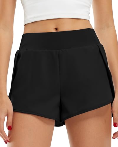 Libin Damen 2 in 1 Laufhose Kurz, Leichtes Stretch Sport Shorts Kurze Hosen Sommer Fitness Shorts Yoga Shorts, Quick-Drying Atmungsaktiv Gym Jogging Training Shorts Mit Taschen,Schwarz,Groß von Libin