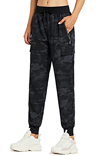 Libin Damen Cargohose Jogginghose Leichter Trekkinghose Wanderhose Schnelltrocken Wasserdicht Outdoorhose Sportlich Freizeit Reise, Camo Schwarz, L von Libin
