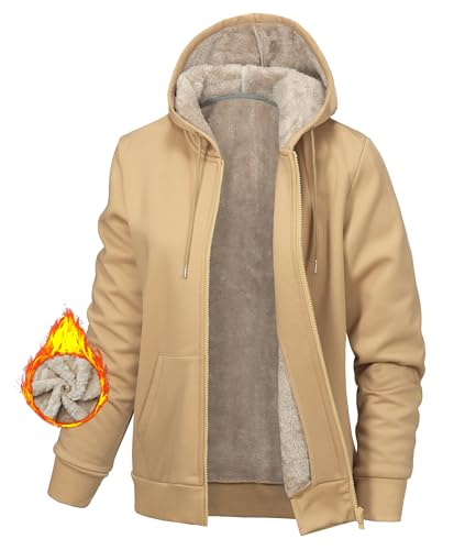 Libin Damen Fleece Kapuzenpullover Winterjacke Fleecejacke Gefüttert Winter Kapuzenjacke Sweatshirt Hoodie Warm Winterjacke mit Kapuze, Khaki, M von Libin