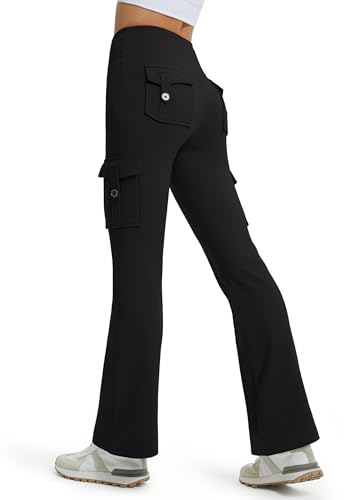 Libin Damen Thermo Flared Leggings 29" Wasserabweisend Winter gefütterte Thermohose Wanderhose Sporthose Schlaghose Yogahose Cargohose Bootcut Hose mit Taschen, Schwarz M von Libin