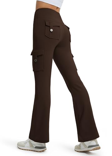 Libin Damen Thermo Flared Leggings 31" Wasserabweisend Winter gefütterte Thermohose Wanderhose Sporthose Schlaghose Yogahose Cargohose Bootcut Hose mit Taschen, Braun L von Libin