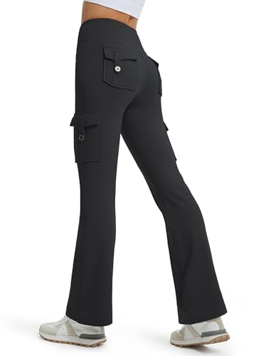 Libin Damen Thermo Flared Leggings 31" Wasserabweisend Winter gefütterte Thermohose Wanderhose Sporthose Schlaghose Yogahose Cargohose Bootcut Hose mit Taschen, Dunkelgrau XL von Libin