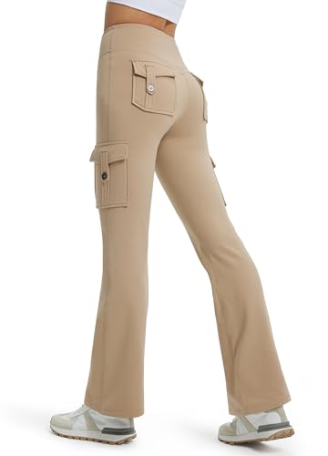 Libin Damen Thermo Flared Leggings 31" Wasserabweisend Winter gefütterte Thermohose Wanderhose Sporthose Schlaghose Yogahose Cargohose Bootcut Hose mit Taschen, Khaki M von Libin