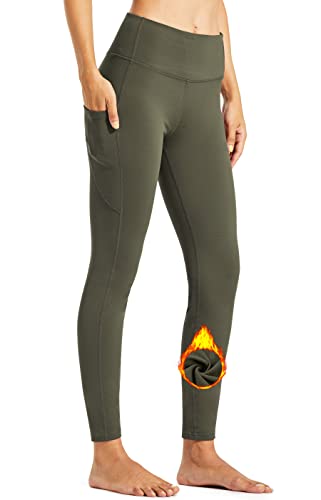 Libin Damen Thermo Leggings mit Taschen Yogahose Winter Gefüttert Laufhose Sportleggins Sporthose Thermounterwäsche Damen Sport Leggings Armeegrün XS von Libin