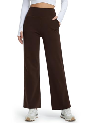 Libin Damen Thermohose Winter Yogahose Weite Fleece Gefütterte Hohe Taille Freizeithose Jogginghose mit Taschen Warme Straighthose Sporthose Trainingshose, Braun M von Libin