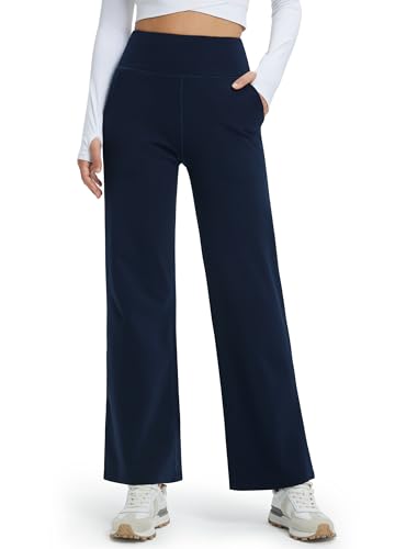Libin Damen Thermohose Winter Yogahose Weite Fleece Gefütterte Hohe Taille Freizeithose Jogginghose mit Taschen Warme Straighthose Sporthose Trainingshose, Navy Blue M von Libin