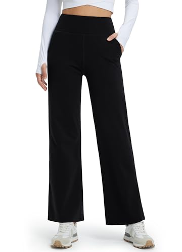 Libin Damen Thermohose Winter Yogahose Weite Fleece Gefütterte Hohe Taille Freizeithose Jogginghose mit Taschen Warme Straighthose Sporthose Trainingshose, Schwarz XS von Libin