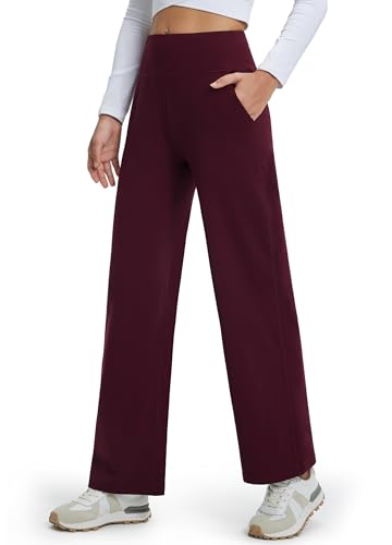 Libin Damen Thermohose Winter Yogahose Weite Fleece Gefütterte Hohe Taille Freizeithose Jogginghose mit Taschen Warme Straighthose Sporthose Trainingshose, Weinrot M von Libin
