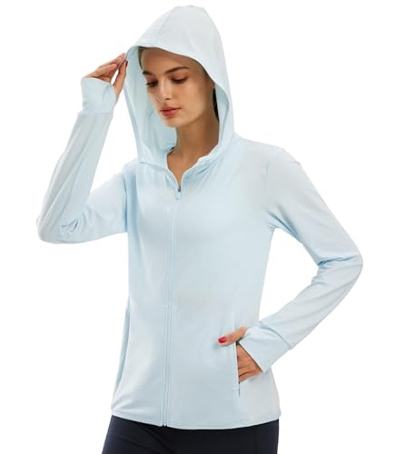 Libin Damen UPF 50+ Sonnenschutz Hoodie Full Zip Laufshirt Langarm Sun Shirt Sportshirt für Running Wandern Outdoor Surfen mit Taschen, Eisblau M von Libin