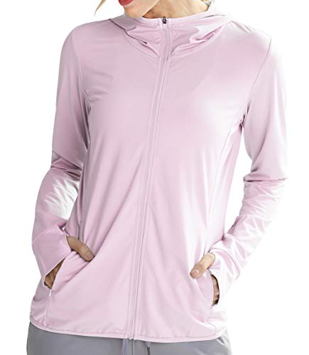 Libin Damen UPF 50+ Sonnenschutz Hoodie Full Zip Laufshirt Langarm Sun Shirt Sportshirt für Running Wandern Outdoor Surfen mit Taschen, Hellrosa XXL von Libin