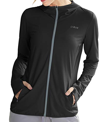 Libin Damen UPF 50+ Sonnenschutz Hoodie Full Zip Laufshirt Langarm Sun Shirt Sportshirt für Running Wandern Outdoor Surfen mit Taschen, Schwarz L von Libin