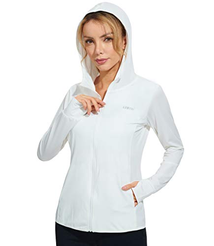 Libin Damen UPF 50+ Sonnenschutz Hoodie Full Zip Laufshirt Langarm Sun Shirt Sportshirt für Running Wandern Outdoor Surfen mit Taschen, Weiß XS von Libin