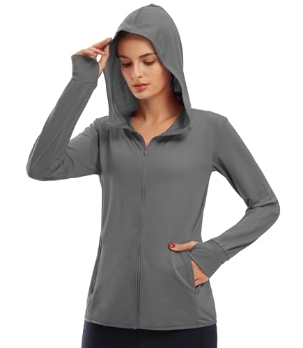 Libin Damen UPF 50+ Sonnenschutz Hoodie Full Zip Laufshirt Langarm Sun Shirt Sportshirt für Running Wandern Outdoor Surfen mit Taschen,Dunkelgrau L von Libin