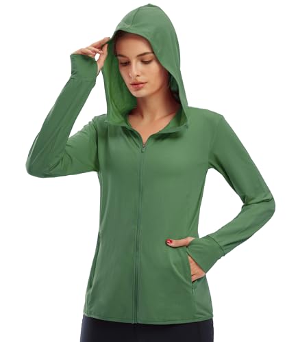 Libin Damen UPF 50+ Sonnenschutz Hoodie Full Zip Laufshirt Langarm Sun Shirt Sportshirt für Running Wandern Outdoor Surfen mit Taschen,Grün XXL von Libin