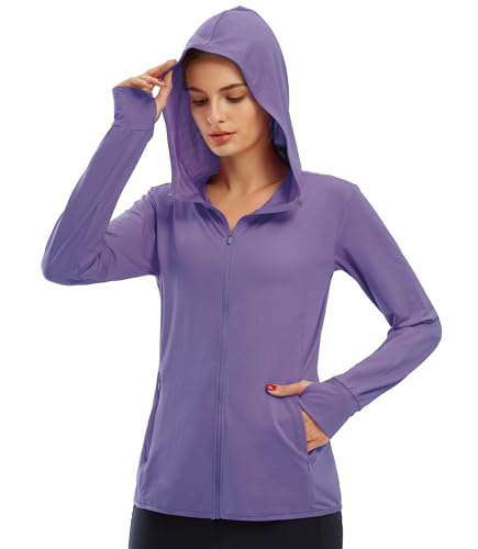 Libin Damen UPF 50+ Sonnenschutz Hoodie Full Zip Laufshirt Langarm Sun Shirt Sportshirt für Running Wandern Outdoor Surfen mit Taschen,Hellviolett XS von Libin