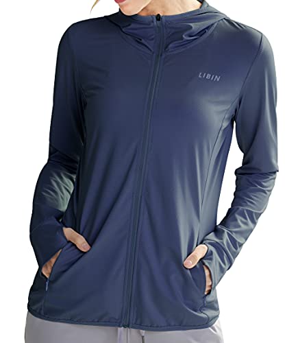 Libin Damen UPF 50+ Sonnenschutz Hoodie Full Zip Laufshirt Langarm Sun Shirt Sportshirt für Running Wandern Outdoor Surfen mit Taschen,Marineblau XS von Libin