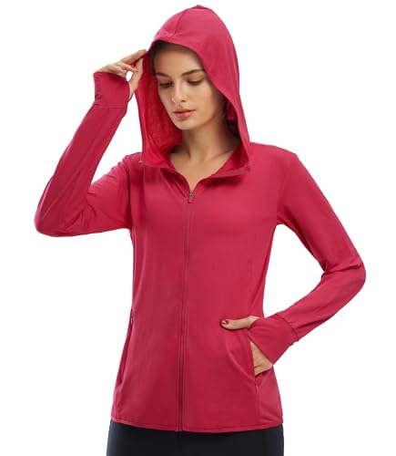 Libin Damen UPF 50+ Sonnenschutz Hoodie Full Zip Laufshirt Langarm Sun Shirt Sportshirt für Running Wandern Outdoor Surfen mit Taschen,Rubinrot S von Libin
