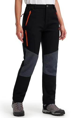 Libin Damen Wanderhose Softshellhose Skihose Wasserdicht Fleecehose Gefüttert Snowboardhose Trekkinghose Winter Outdoorhose, Schwarz-Upgrade X-Groß von Libin
