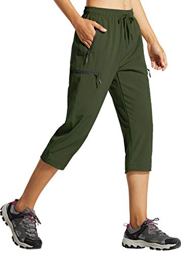 Libin Damen Wanderhose Sommer Leicht Schnell Trocknend Caprihose Trekkinghose Outdoorhose Wasserdicht Winddicht Funktionshose mit Reißverschlusstasche, Armee Grün, L von Libin