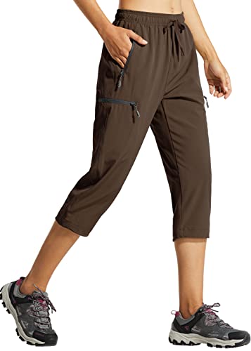 Libin Damen Wanderhose Sommer Leicht Schnell Trocknend Caprihose Trekkinghose Outdoorhose Wasserdicht Winddicht Funktionshose mit Reißverschlusstasche, Braun, 3XL von Libin