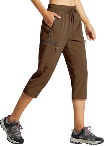 Libin Damen Wanderhose Sommer Leicht Schnell Trocknend Caprihose Trekkinghose Outdoorhose Wasserdicht Winddicht Funktionshose mit Reißverschlusstasche, Braun, L von Libin