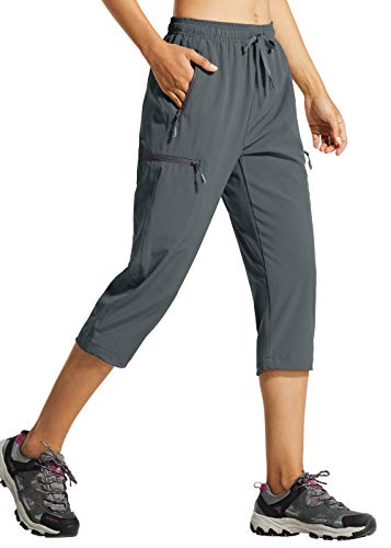 Libin Damen Wanderhose Sommer Leicht Schnell Trocknend Caprihose Trekkinghose Outdoorhose Wasserdicht Winddicht Funktionshose mit Reißverschlusstasche, Grau, L von Libin