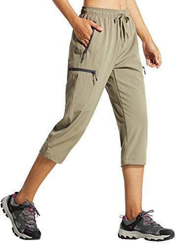 Libin Damen Wanderhose Sommer Leicht Schnell Trocknend Caprihose Trekkinghose Outdoorhose Wasserdicht Winddicht Funktionshose mit Reißverschlusstasche, Khaki, M von Libin