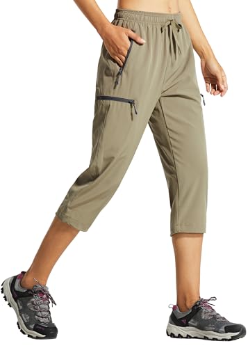 Libin Damen Wanderhose Sommer Leicht Schnell Trocknend Caprihose Trekkinghose Outdoorhose Wasserdicht Winddicht Funktionshose mit Reißverschlusstasche, Khaki, XL von Libin