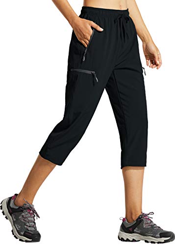 Libin Damen Wanderhose Sommer Leicht Schnell Trocknend Caprihose Trekkinghose Outdoorhose Wasserdicht Winddicht Funktionshose mit Reißverschlusstasche, Schwarz, XS von Libin