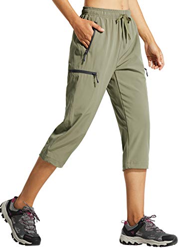 Libin Damen Wanderhose Sommer Leicht Schnell Trocknend Caprihose Trekkinghose Outdoorhose Wasserdicht Winddicht Funktionshose mit Reißverschlusstasche, Silberner Salbei, XS von Libin