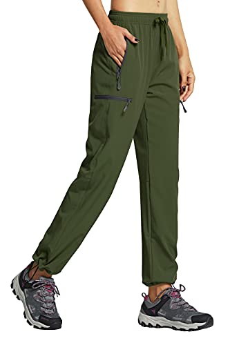 Libin Damen Wanderhose Wasserdicht Outdoorhose Leichte Schnell Trocknende Atmungsaktiv Trekkinghose Funktionshose Track Pants mit Reißverschlusstasche,Armee Grün, L von Libin