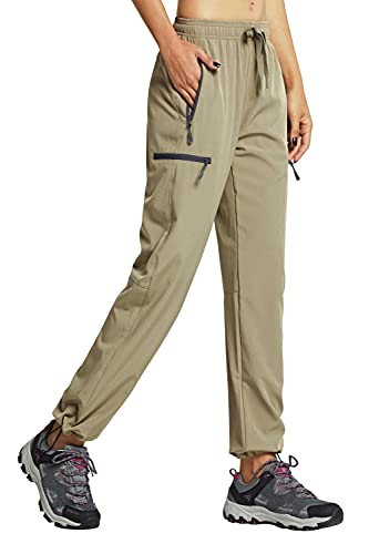 Libin Damen Wanderhose Wasserdicht Outdoorhose Leichte Schnell Trocknende Atmungsaktiv Trekkinghose Funktionshose Track Pants mit Reißverschlusstasche,Khaki, L von Libin